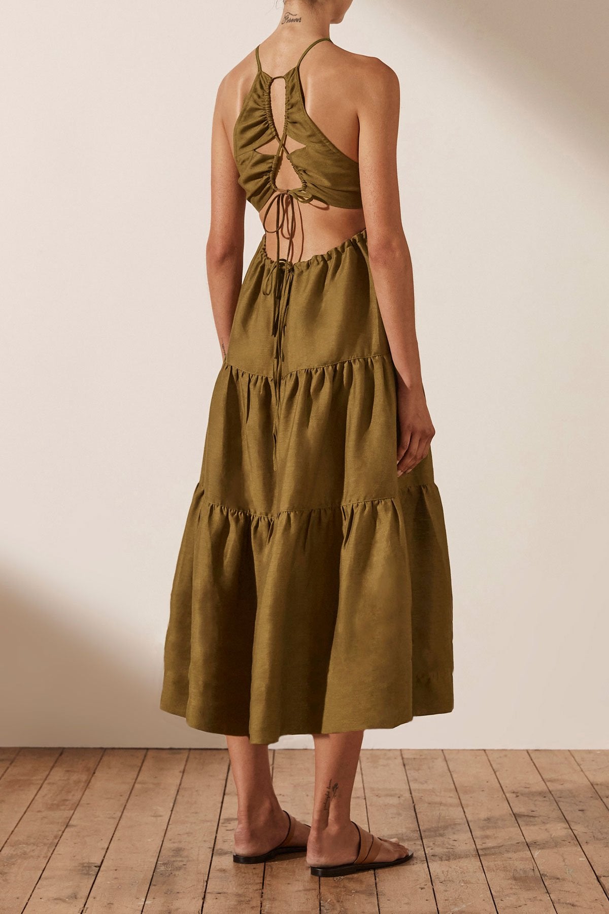 Maya Linen Open Back Tiered Midi Dress ...